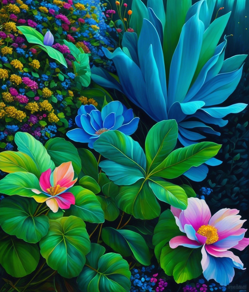 Vibrant Fantasy Jungle Scene with Oversized Plants