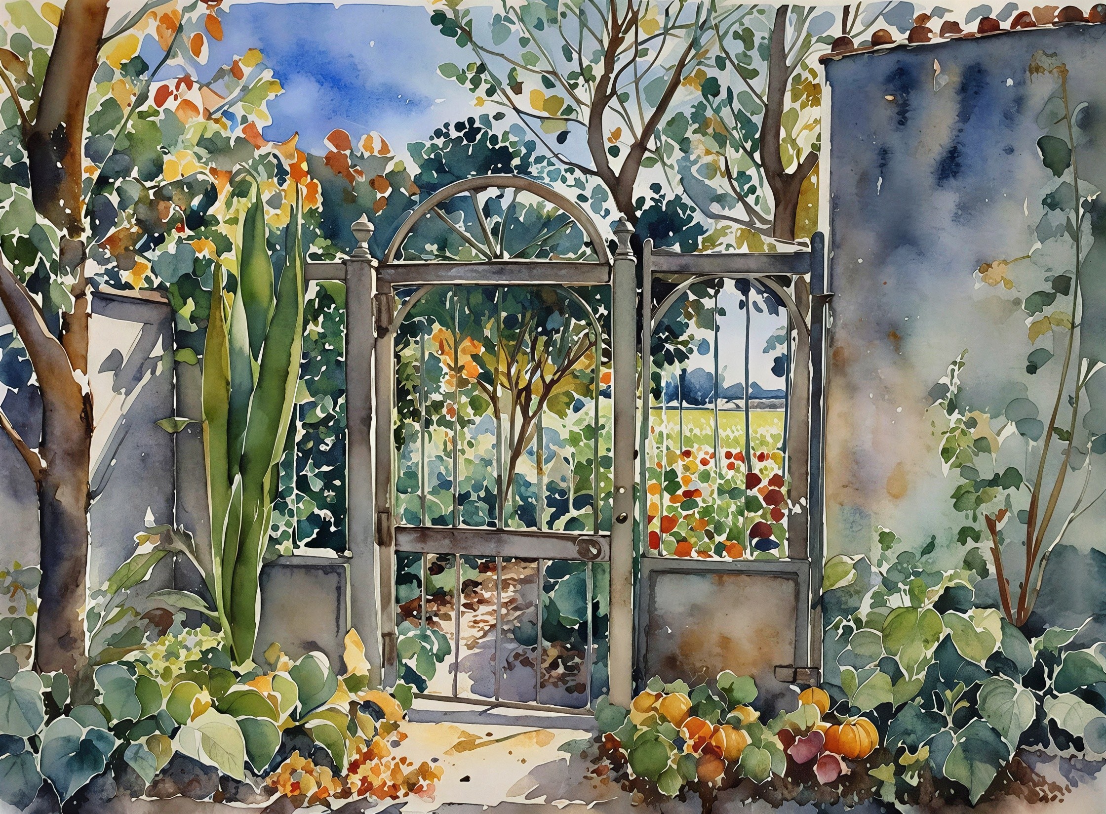 Watercolor Painting of a Garden with a Gray Gate