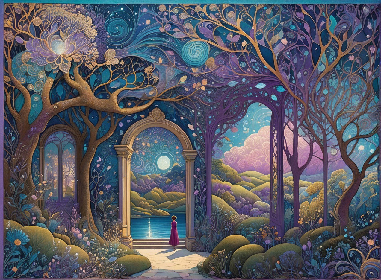 Art Nouveau Fantasy Landscape with Moonlit Lake