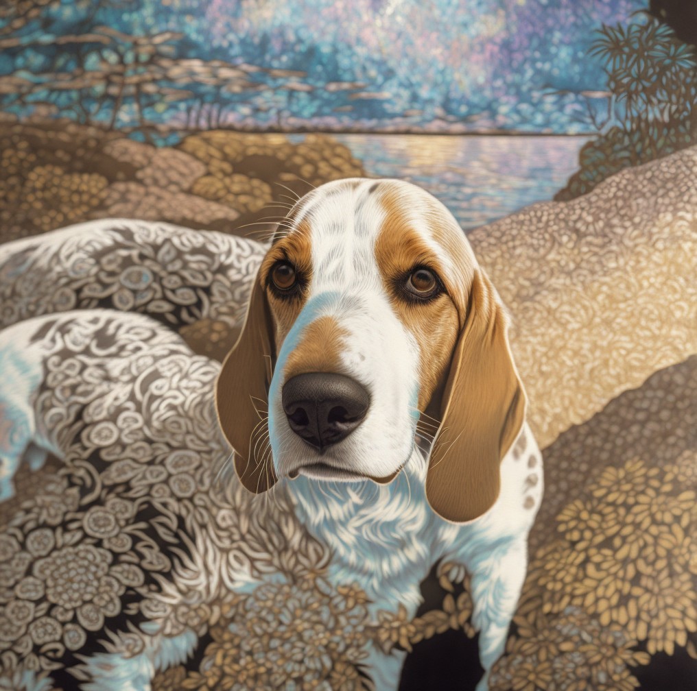 Beagle with Brown and White Fur Amid Floral Artwork