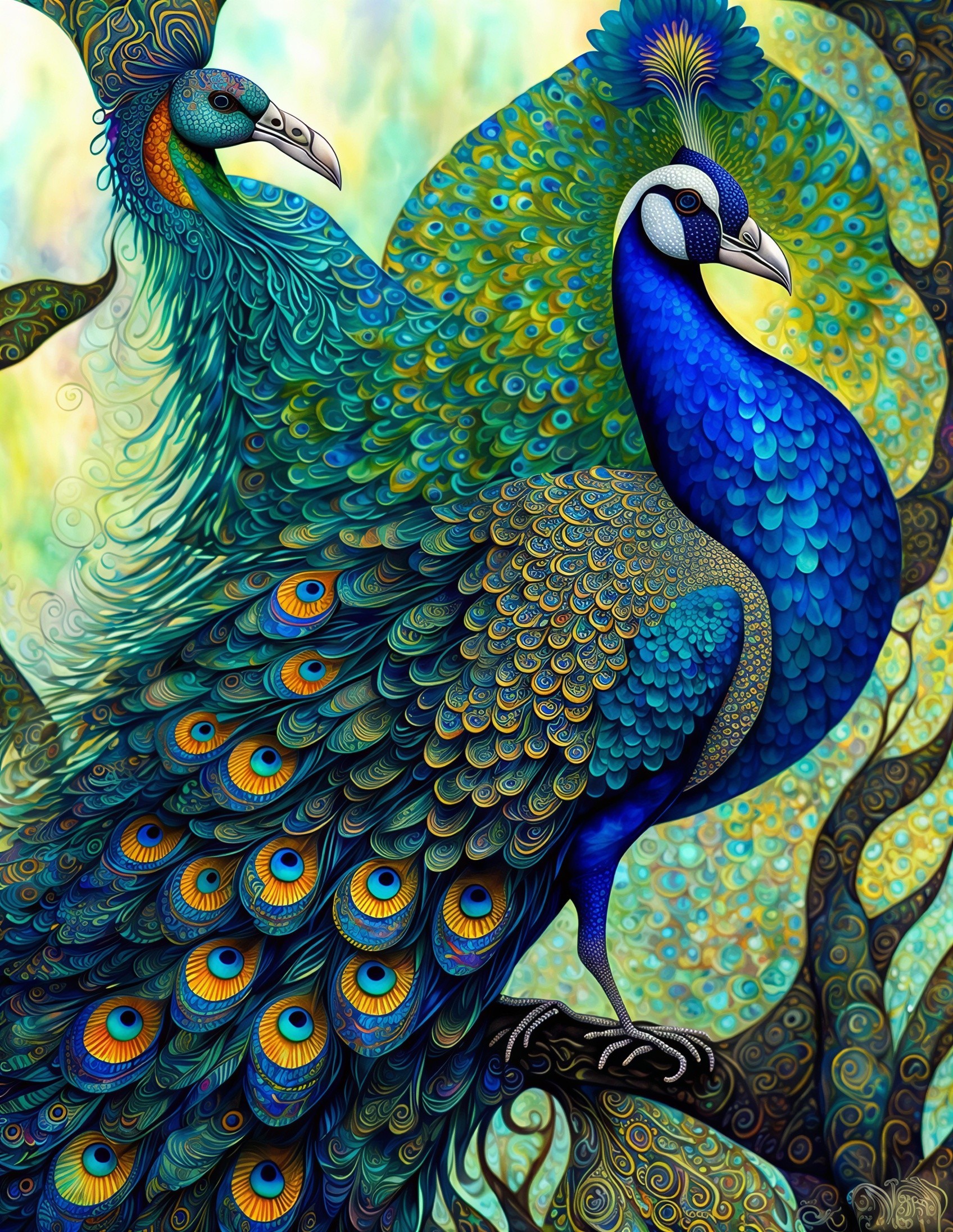 Vibrant Illustration of Two Iridescent Peacocks