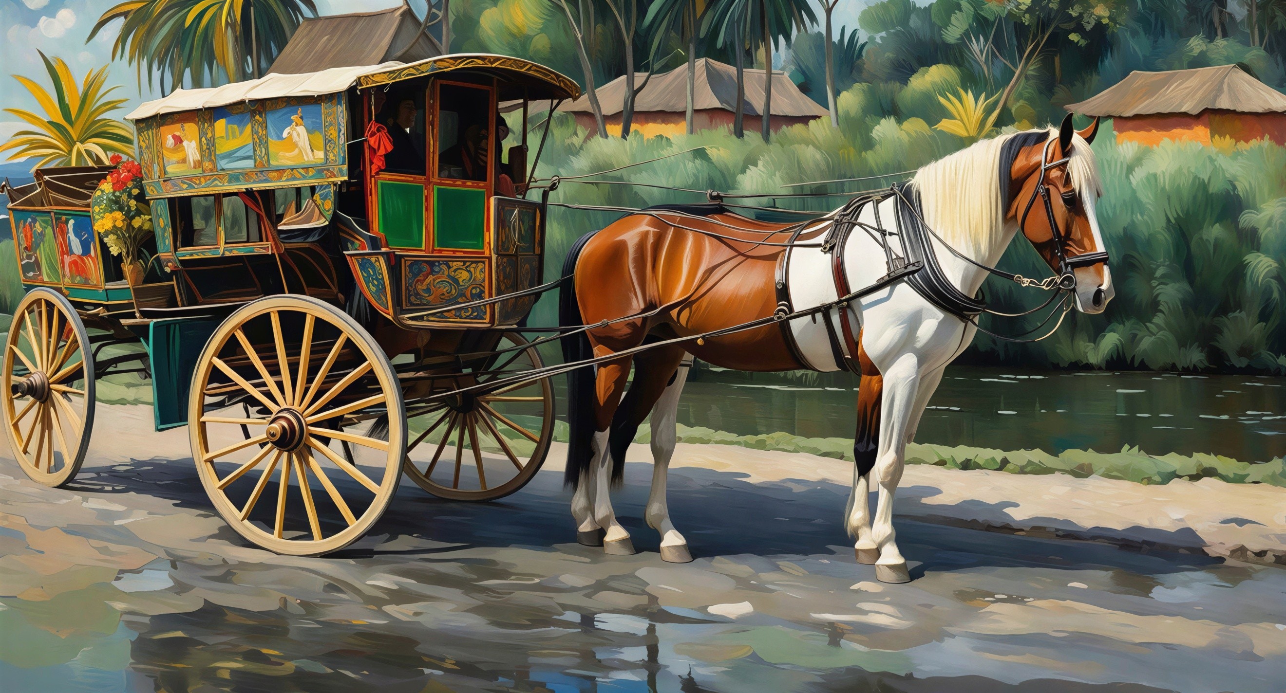 Vibrant Painting of a Horse-Drawn Carriage on a Road