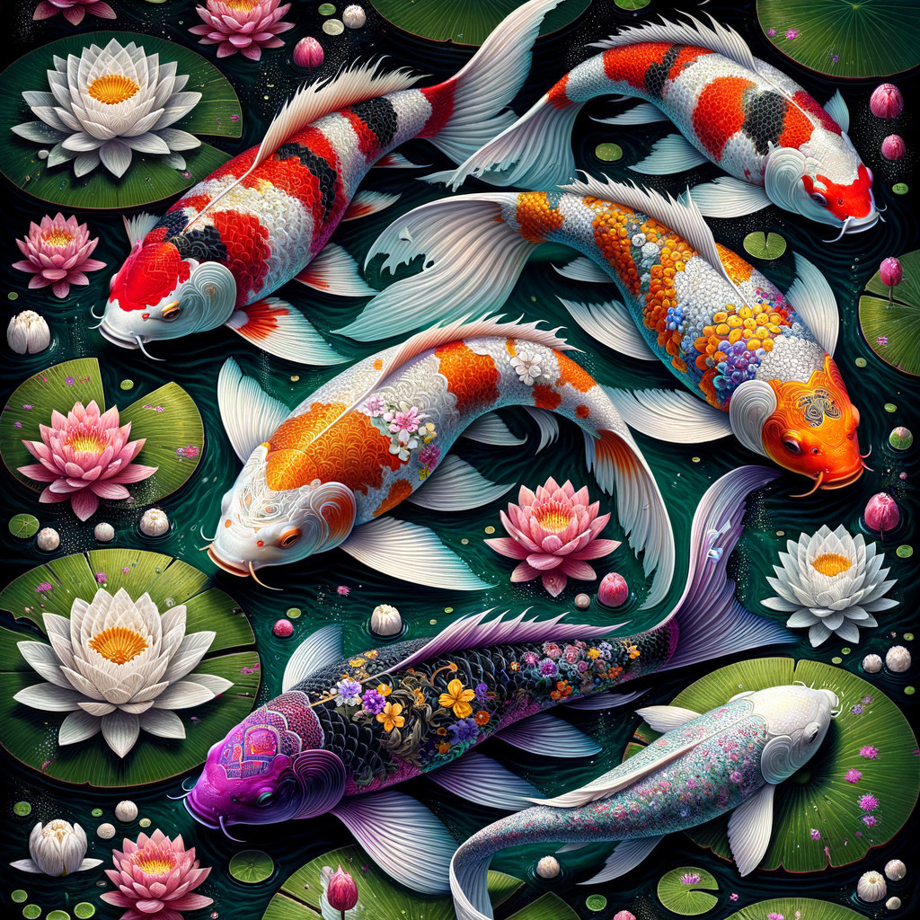 Colorful Koi Fish in Dark Pond with Water Lilies