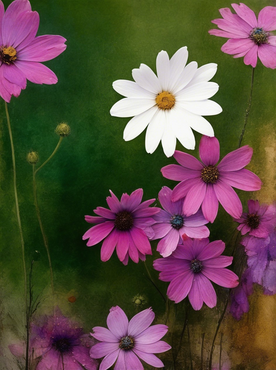 High-Angle View of Cosmos Flowers and Daisy Arrangement