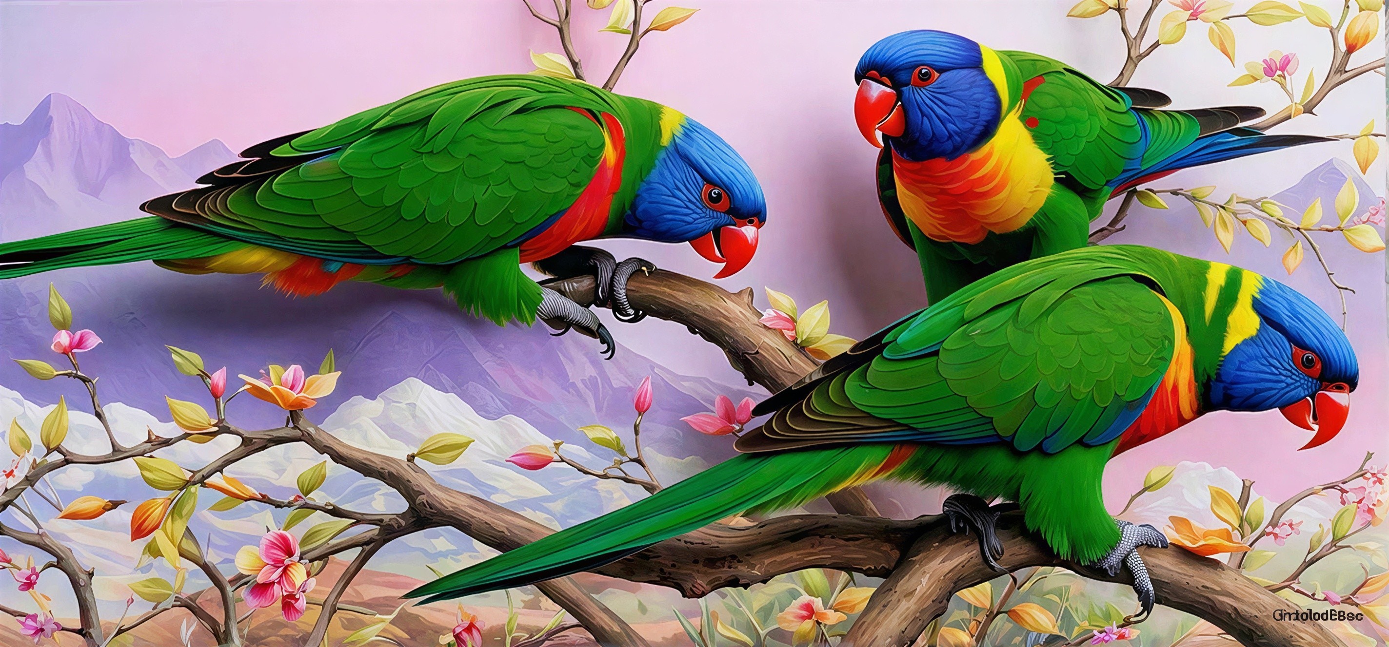 Rainbow Lorikeets on Branch with Blossoms and Sky