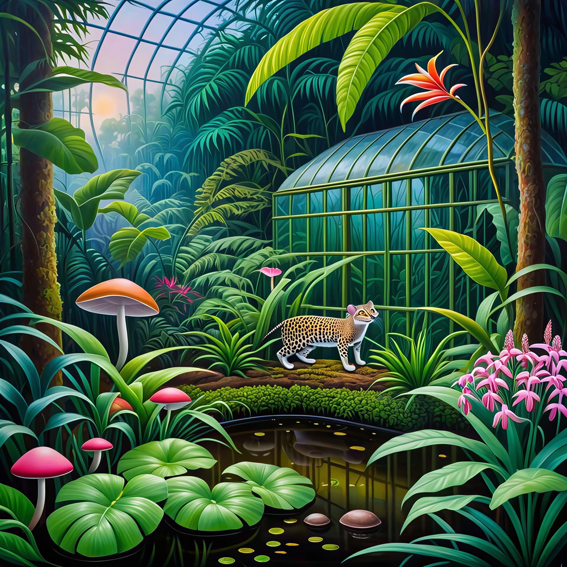 Digital painting of a jungle scene under a greenhouse