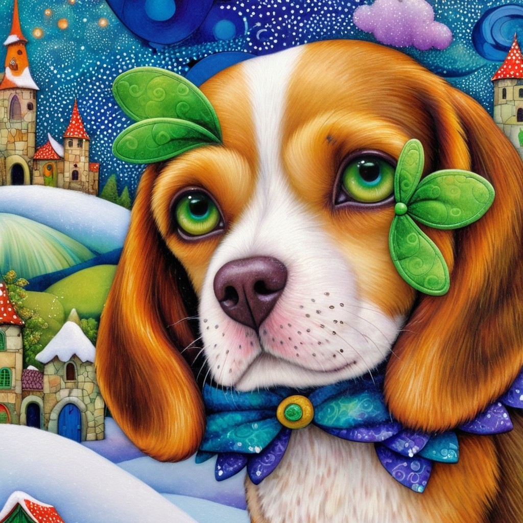Beagle Portrait in Winter Village with Starry Night