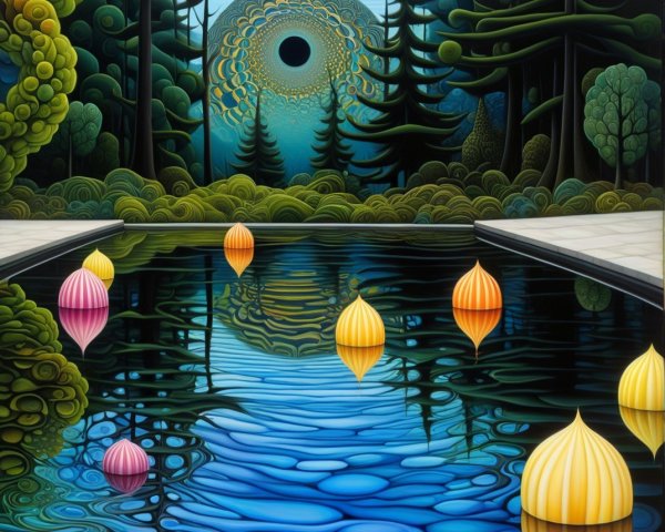 Digital Painting of Pool Surrounded by Forest and Spheres