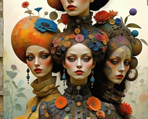 Whimsical Art Piece of Three Women in Abstract Style