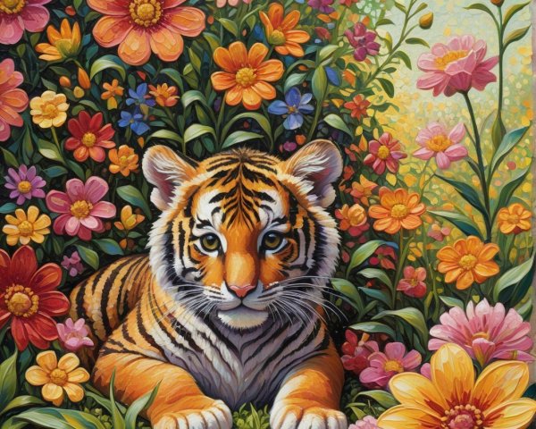 Baby tiger in flowered field with vibrant colors