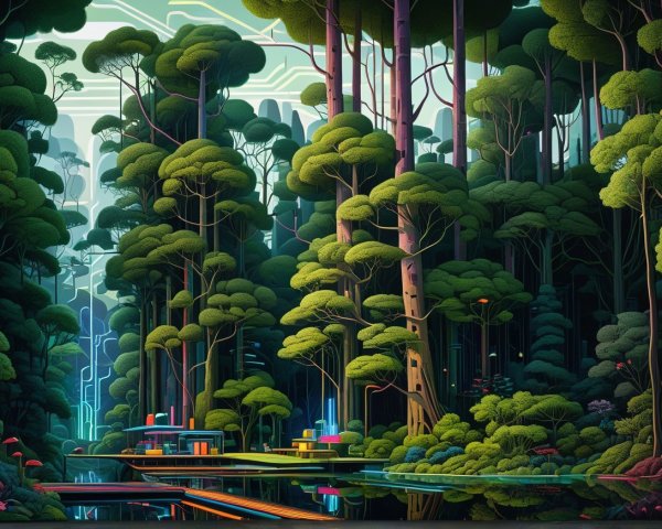 Vibrant Twilight Forest with Architectural Home and Water