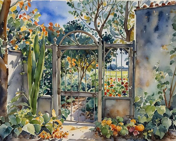 Watercolor Painting of a Garden with a Gray Gate
