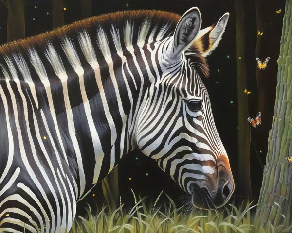 Zebra Painting with Stripes and Butterflies on Grass