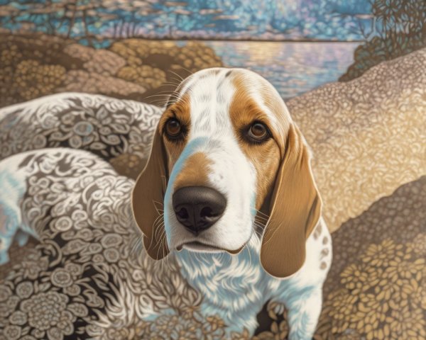 Beagle with Brown and White Fur Amid Floral Artwork