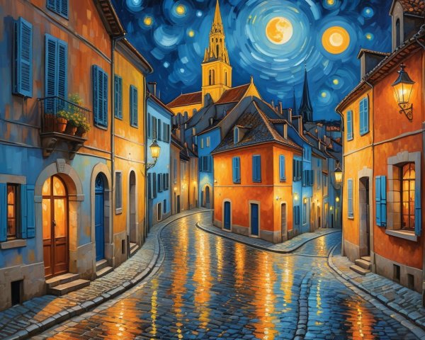 Vibrant Nighttime Village Scene with Church Tower