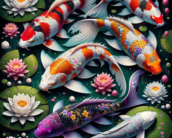 Colorful Koi Fish in Dark Pond with Water Lilies