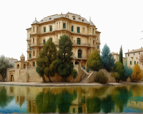 Watercolor Painting of Grand Multi-Story Building