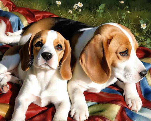 Beagle Puppies in Outdoor Setting with Colorful Blanket