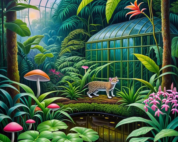 Digital painting of a jungle scene under a greenhouse