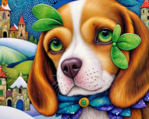 Beagle Portrait in Winter Village with Starry Night