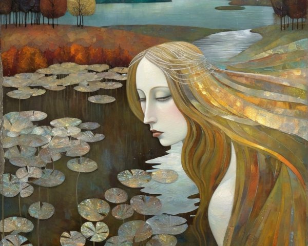 Ethereal Woman by Tranquil Water with Autumn Landscape