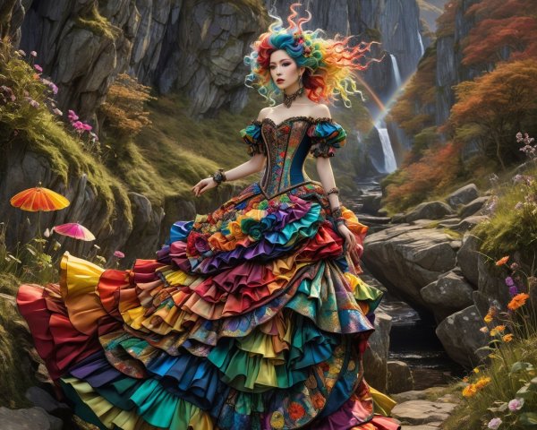 Whimsical Fashion Illustration of Rainbow-Themed Gown