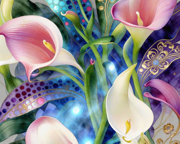 Digital Artwork of Calla Lilies in a Vibrant Garden