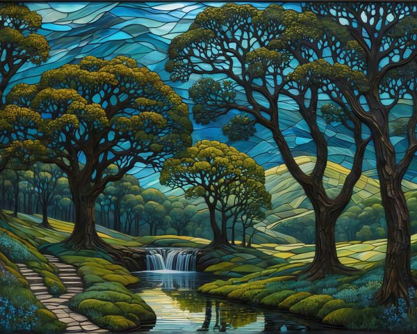Vibrant Stained Glass Forest Scene with Waterfall