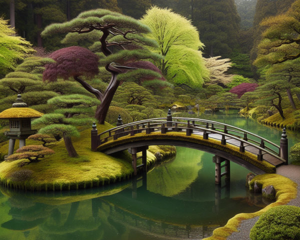Japanese garden with pond, bridge, and stone lantern