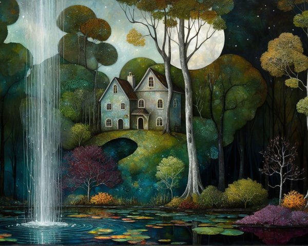 Colorful Night Waterfall Scene with House and Nature