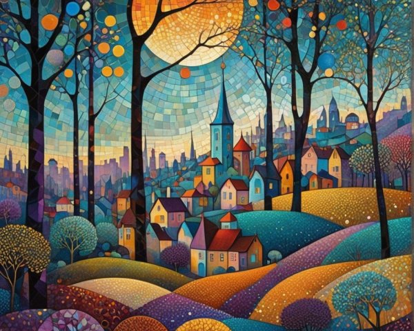 Dreamy Landscape with Colorful Geometric Tessellations