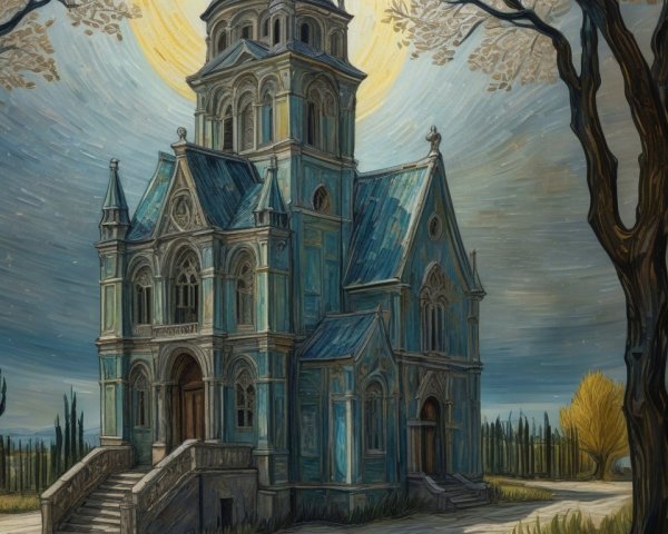 Ornate neo-gothic fantasy building at dawn with moon