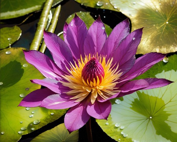 Vibrant Purple Water Lily Blooming on Dark Pond