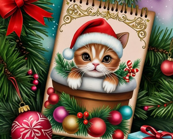 Christmas Scene with Kitten in Santa Hat and Ornaments