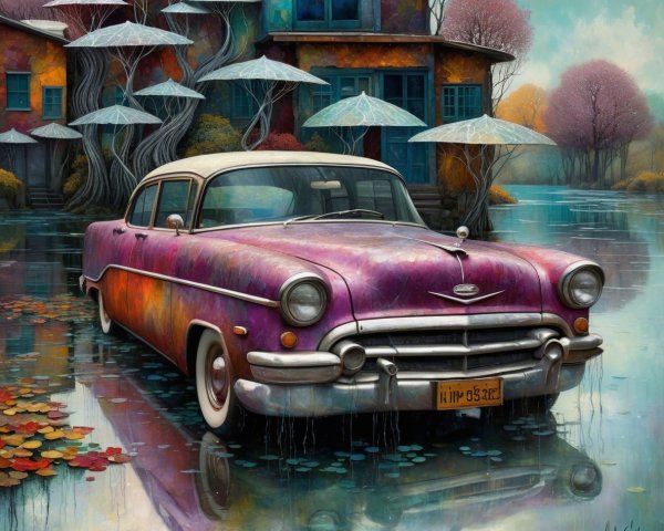 1950s Purple Car Reflected in Still Lake Water