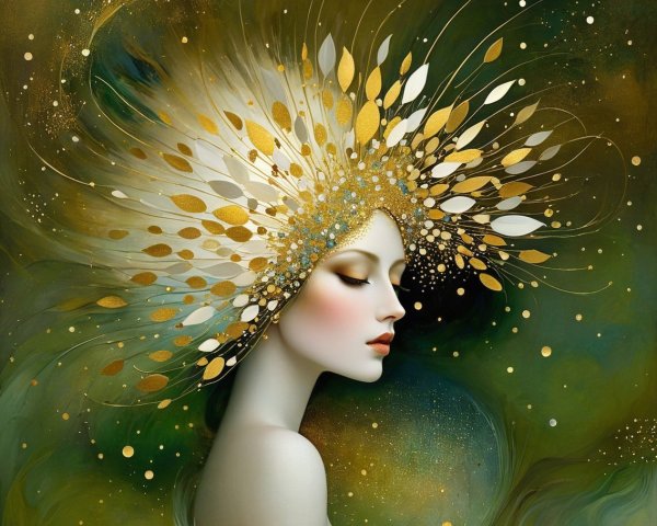 Digital Painting of Serene Woman with Golden Headdress
