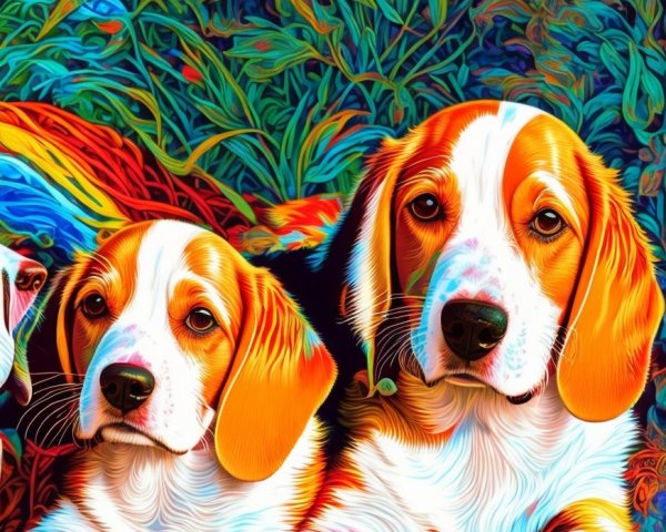 Beagle Puppies on Colorful Blanket in Greenery