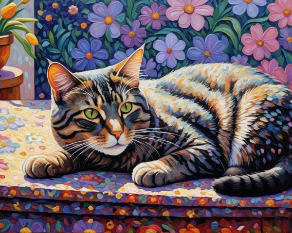 Impressionistic Painting of a Tabby Cat and Flowers