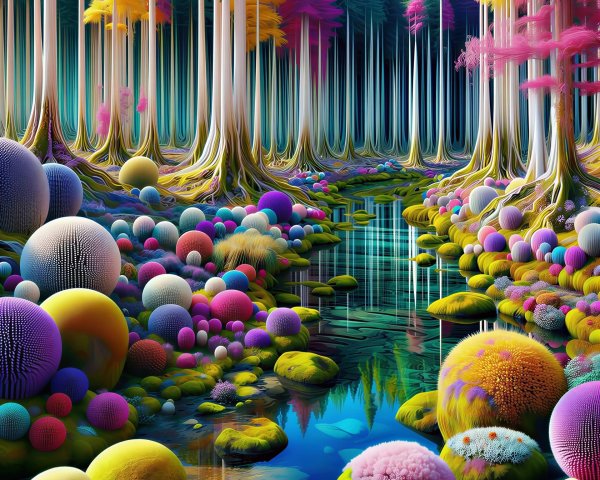 Vibrant Surreal Forest Scene with Colorful Foliage