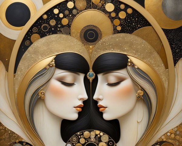Art Deco Portrait of Two Women with Golden Accents