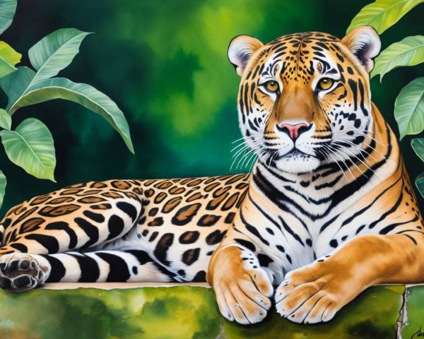 Jaguar Resting on Moss with Lush Green Foliage
