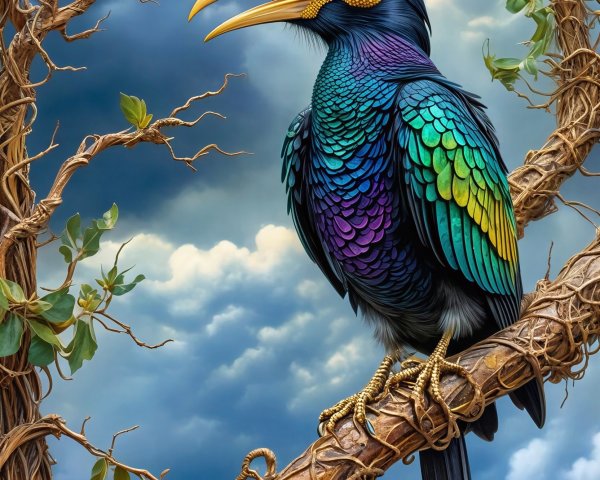 Colorful Hornbill-like Bird on Twisted Branch with Stormy Sky