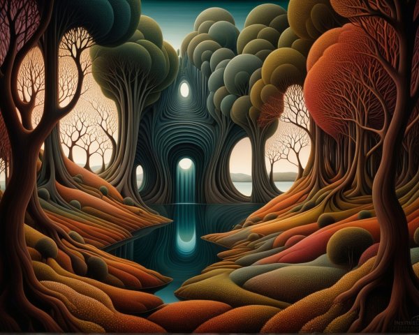 Fantastical Forest Landscape with Intricate Trees and Waterfall