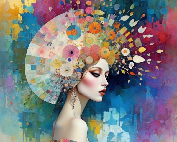 Half-body portrait of a woman with ornate headdress