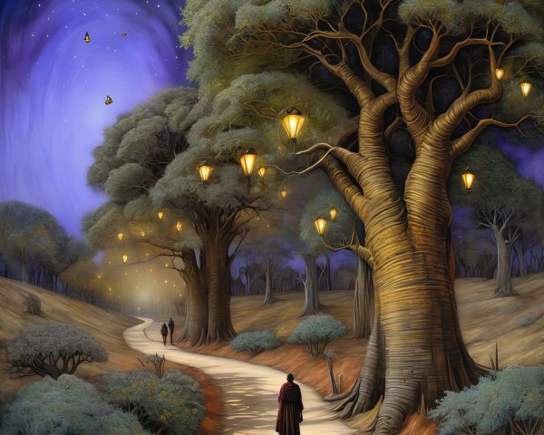 Individual Walking on Winding Path in Magical Forest