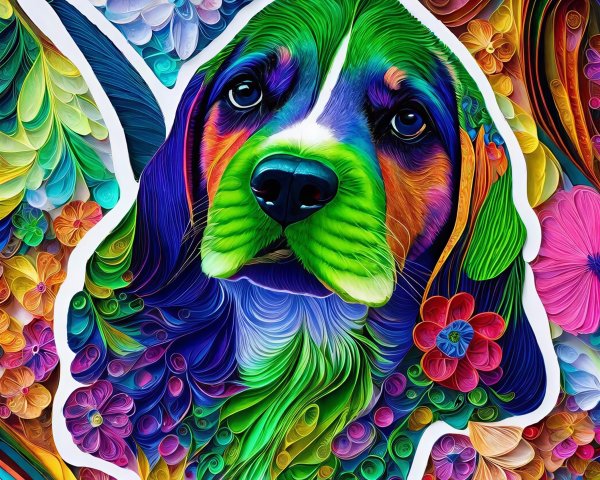 Vibrant Quilling Artwork of a Dog's Head and Floral Patterns