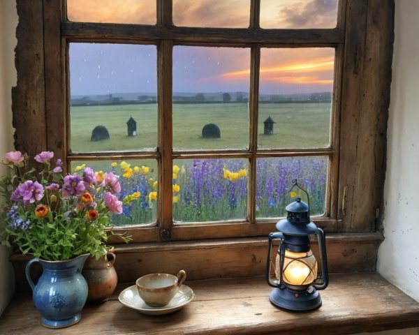Rustic Window View of Flower Field at Dusk