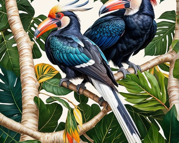 Vibrant Hornbills on Tree Branch in Tropical Foliage