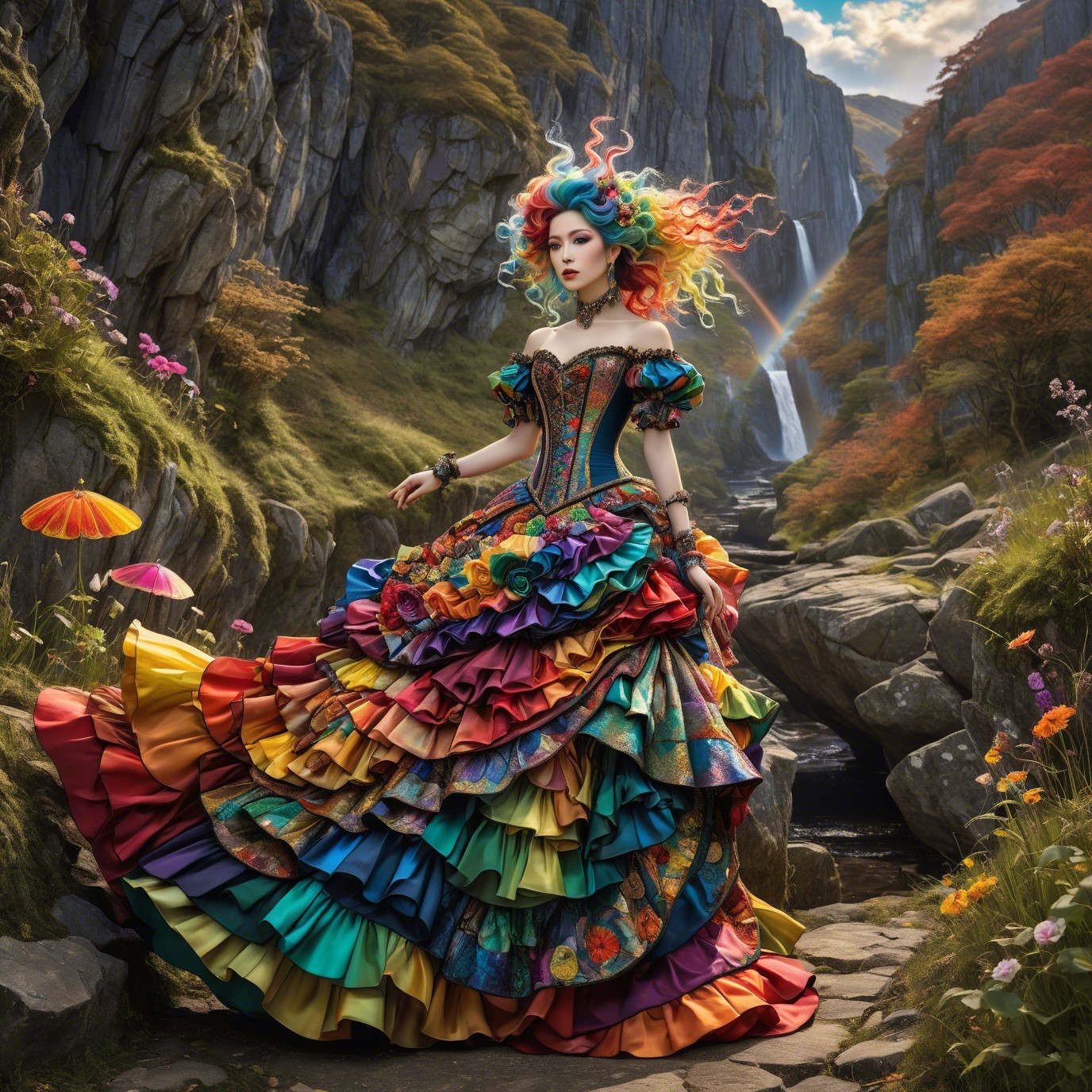 Whimsical Fashion Illustration of Rainbow-Themed Gown
