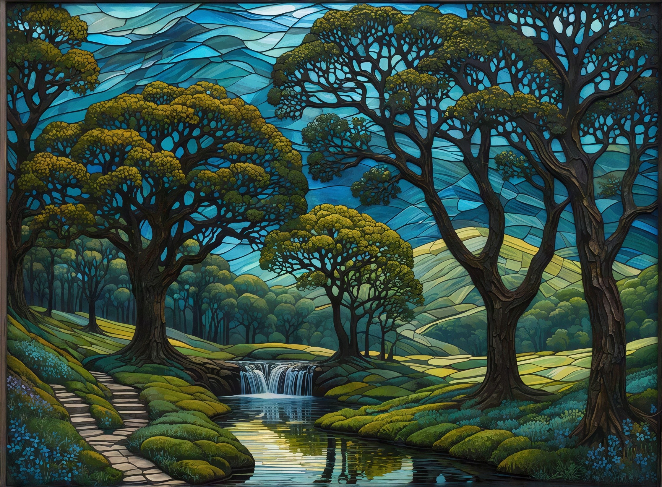 Vibrant Stained Glass Forest Scene with Waterfall